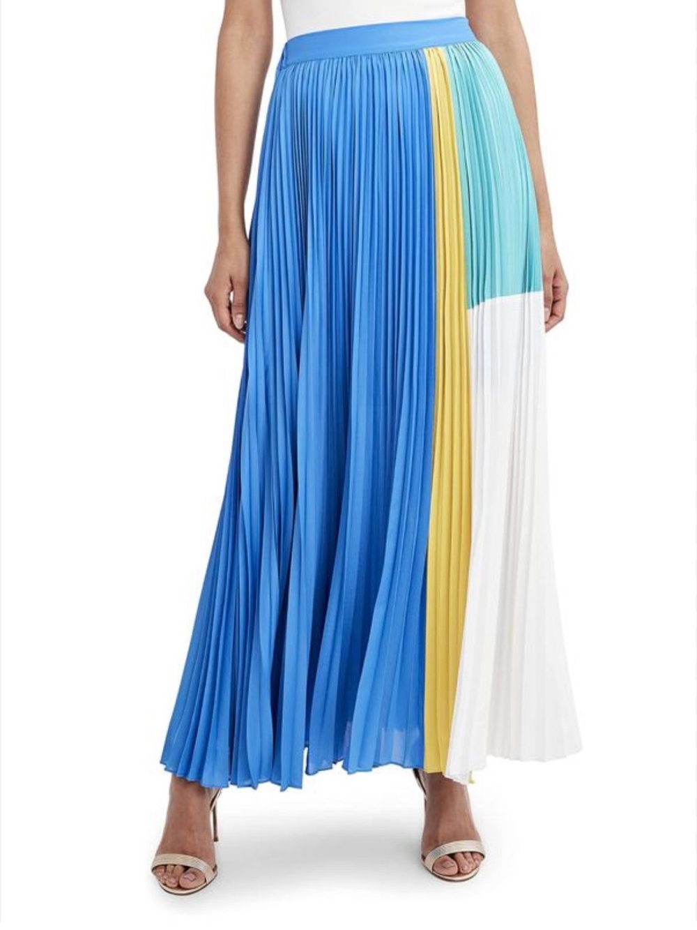 BCBGMaxAzria Pleated Colorblock Maxi Skirt - Blue, Yellow, Aqua, White